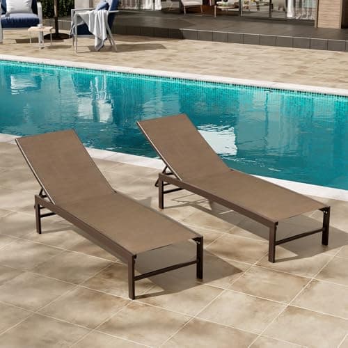Crestlive Products Lounge Chair Outdoor Set of 2, Aluminum Pool Chaise Lounge Chairs, Adjustable Five-Position Tanning Recliner, All Weather for Patio, Beach, Yard, Pool (Brown)