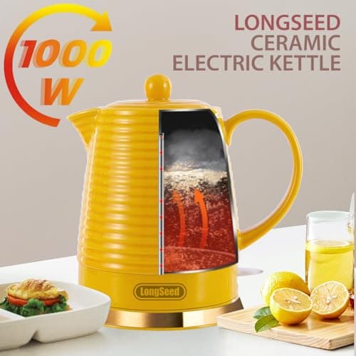 LONGSEED 1.2 liter Ceramic Electric Kettle with Infuser & Cups Set, 1000W Fast Boiling Water, Boil-Dry Protection Auto Shut Off, Detachable Swivel Base, Water Heater Teapot For Coffee & Tea 8