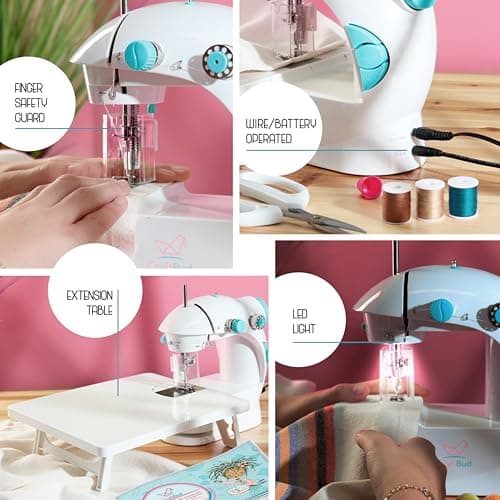 CraftBud Mini Sewing Machine for Beginners, Dual Speed Small Portable Sewing Machine for Kids and Adults with Extension Table, 48 Piece Gift Set Includes, Pedal, Projects Book, Light and More, White 4