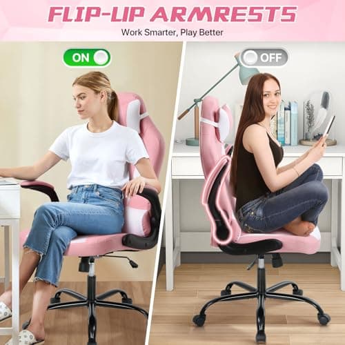 Pink Gaming Chair for Girls & Adults - Ergonomic High Back Office Desk Chair with Adjustable Lumbar Support, Flip-Up Arms & Headrest - PU Leather Swivel Computer Task Chair for Kids & Teens 6