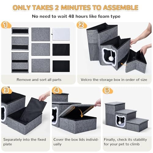 Bilibrara Dog Stairs for Small Dogs, Foldable Pet Steps for High Bed, Non-Slip 3-Step Cat Stairs with Storage, Condo and Fluffy Ball, Large Dog Indoor Ramp for Couch Window 6