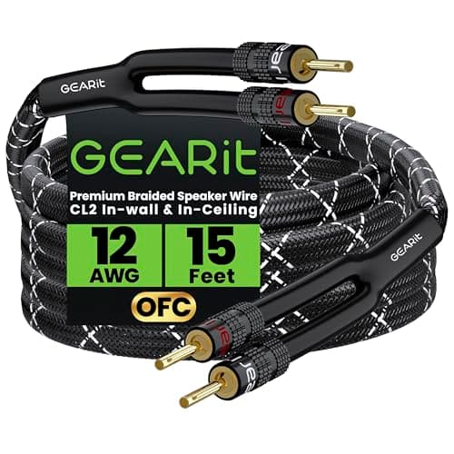 GearIT 12AWG Speaker Cable Wire with Gold-Plated Banana Tip Plugs (15 Feet) In-Wall CL2 Rated, Heavy Duty Braided, 99.9% Oxygen-Free Copper (OFC) - Black, 15ft