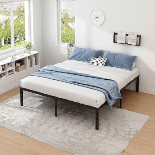 NEW JETO Metal Bed Frame,King Size Bed Frame with Storage Space,Heavy Duty Sturdy Mattress Foundation,Easy Assembly,No Box Spring Needed, Black,14 Inch,King 8