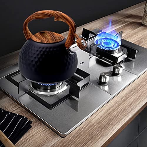 GGC Tea Kettle for Stove Top, Loud Whistling Kettle for Boiling Water Coffee or Milk, 3.1 Quart 3L Heavy Stainless Steel Black Kettle with Wood Pattern Handle, Unique Button Control Kettle Outlet 7
