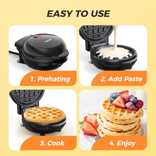Tastyle Mini Waffle Maker, with Non-Stick Cooking Plates, Makes 4'' Waffles, Easy to Clean, Compact Design, 1 inch thick Classic Round Waffle Iron for Home, Dorm, and RV, black 5