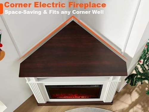 OKYCI Corner Electric Fireplace with Mantel, TV Stand with Storage & Bookshelves, Entertainment Center with Fireplace for Living Room, Modern Wave Design, White 5