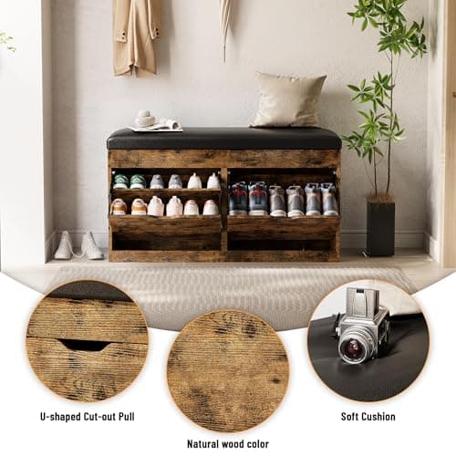 astimey 40" Shoe Storage Bench with 2 Flip Drawers & Padded Seat Cushion, Shoe Cabinet with Lift Top Storage Box, Shoe Bench Shoe Organizer for Entryway, Hallway, Living Room, Vintage Brown 6
