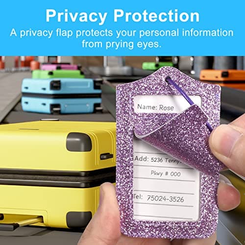 ACdream Luggage Tags 2 Pack, Leather Suitcase Tags Identifiers, Cute Cruise ID Labels with Privacy Cover fits on Backpack, Travel Bag, for Women, Men, Adults, Kids, Glitter Purple 5