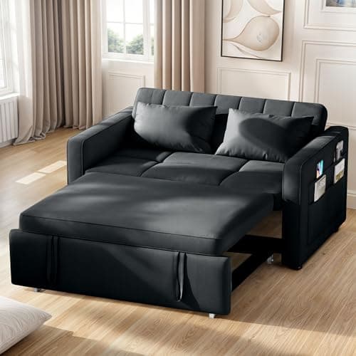 YITAHOME 55" Convertible Sofa Bed, 3-in-1 Sleeper Sofa with Pull-Out Bed, Velvet Futon Couch with Reclining Backrest and Side Pocket, Modern Loveseat for Living Room, Black, Full Size