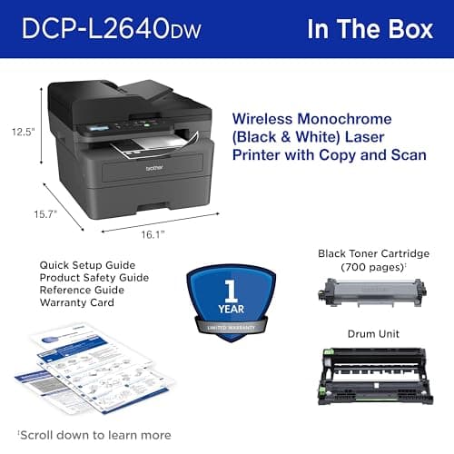 Brother DCP-L2640DW Wireless Compact Monochrome Multi-Function Laser Printer with Copy and Scan, Duplex, Mobile, Black & White | Includes Refresh Subscription Trial(1), Works with Alexa 7