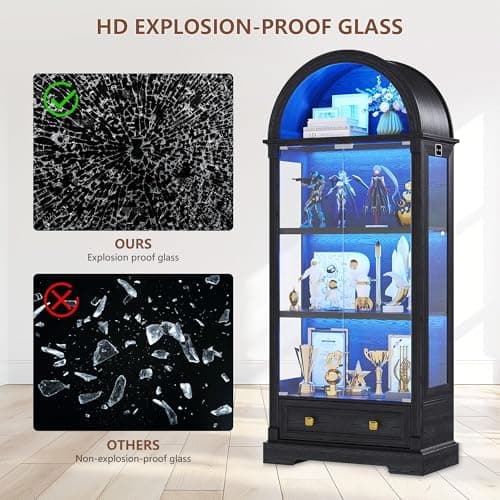 Black Curio Cabinet with Glass Doors, 72" Tall Arched Display Cabinet with Human Sensor Lights, 4-Tier Display Case for Collectibles Bookcase Living Room 7