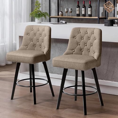 PatioPerk Modern Swivel Bar Stools with Back, 26" H Seat Set of 2, 360 Rotation Counter Height Chairs, Retro Upholstered Barstools for Kitchen Island with Solid Wood Legs, Linen Fabric, Tan