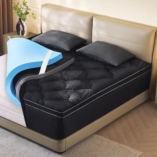 King Size Memory Foam Mattress Topper - 4 Inch Cooling Dual Layer with 2" Gel Memory Foam & 2" Thick 1500 GSM Pillow Top, Breathable Mattress Pad Cover Medium Firm Support for Back (Black)