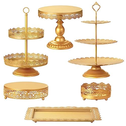 HBlife 6 PCS Gold Cake Stand Dessert Table Display Set Include Cake Stands, Cupcake Stand/Tower, Dessert Stands, Perfect Display for Wedding, Party, Birthday, Baby Shower, Anniversary Decorations
