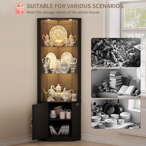 Lvifur 69" Corner Glass Display Cabinet with RGB Lights,3-Tier Movable Glass Shelves,Curio Display with Human Body Sensor,Bookcase with Storage Cabinet for Toys,Books,Collectibles,Liquor,Black 5