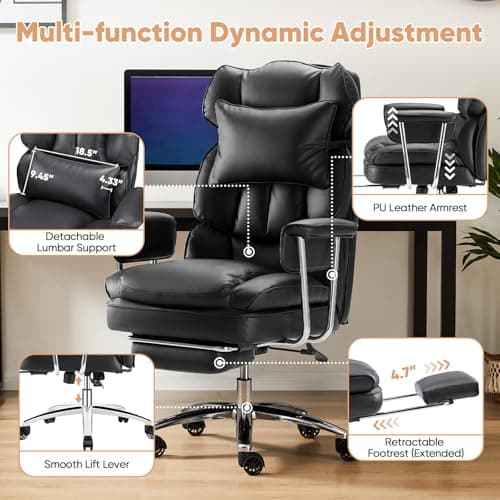 Sweetcrispy Executive Home Office Desk Chair - Ergonomic Big Tall High Back with Footrest & Lumbar Support, Reclining Height Adjustable, Comfy PU Leather Computer Gaming with Swivel Wheels, Black 6