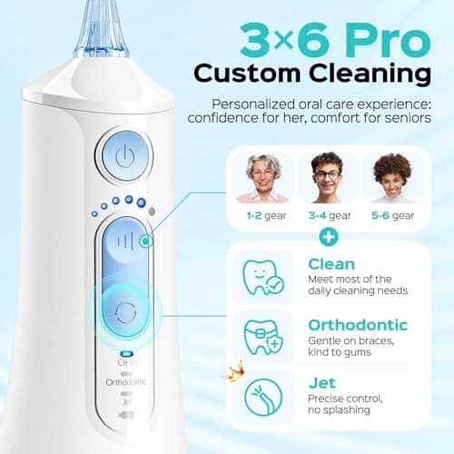 COSLUS C51 Portable Water Flosser for Teeth: 3 Modes & 6 Pressure Settings with Jet Mode Water Dental Pick for Orthodontic, Braces, Sensitive Gums, Compact for Travel, 300ML for Multiple Users, White 6