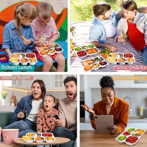 Stainless Steel Snack Containers with Plastic Lids - 3 Pack - 5 Compartments Bento Snack Boxes - Large Reusable Meal Prep for Kids Adult - Divided Food Storage Container for School, Lunch, Home Travel 6