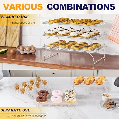 3 Tier Stackable Cooling Rack for Batch Cooling Cookie, Pizza, Cake-15.8”x 10”- Heavy Duty Cooling Racks for Cooking and Baking, Oven and Dishwasher Safe Baking Supplies-Silver 5