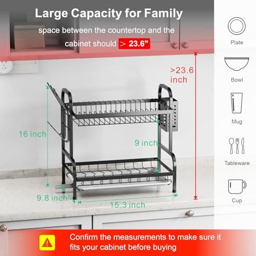 Swedecor Dish Drying Rack - 2 Tier Dish Rack with Drain Spout, Rust Resistant Dish Drainer with Cup Holder and Utensil Holder for Kitchen Countertop Small Saving Space, Black 7