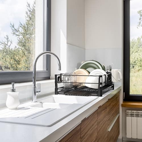 Simple Houseware Dish Drying Rack with Drainboard, Utensil Holder & Mug Hooks, Black Metal Kitchen Counter Organizer 7