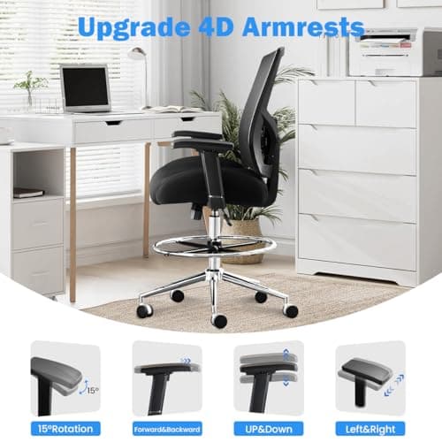 500 lbs Drafting Chair Tall Office Chair for Standing Desk, Extra Wide 21 inch Cushion, Ergonomic Heavy Duty Office Drafting Chair with Adjustable Lumbar Support, Pressure Locking Casters, 4D Arms 7