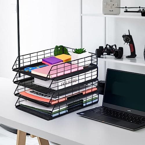 Tunnkit 4 Pack Stackable Letter Tray Paper Organizer, Metal Desk Organizer Tray for Letter/A4 Paper Storage, Suitable for Office, School, Home, Black 6