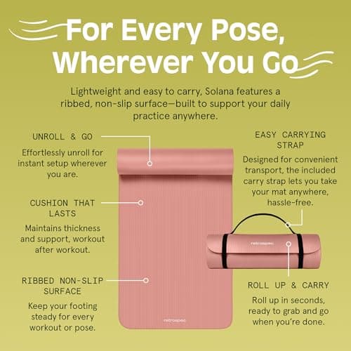 Retrospec Solana Yoga Mat 1" Thick w/Nylon Strap for Men & Women - Non Slip Exercise Mat for Home Yoga, Pilates, Stretching, Floor & Fitness Workouts - Rose 5