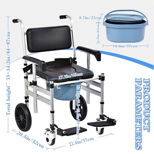 Shower Chair with Wheels 4 in 1 Folding Padded Bedside Commode Wheelchair Height Adjustable Detachable Bucket with Wheels Lifting Armrests Flip-up Footrest for Elderly Disabled (Black) 6