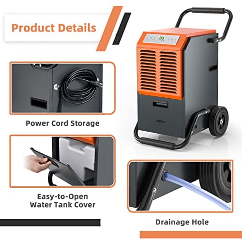 COSTWAY 163 Pints Commercial Dehumidifier, 4500 Sq.Ft Crawl Space Dehumidifier with Drain Hose, 24H Timer, for Basement, Warehouse, Job Site (Orange) 6