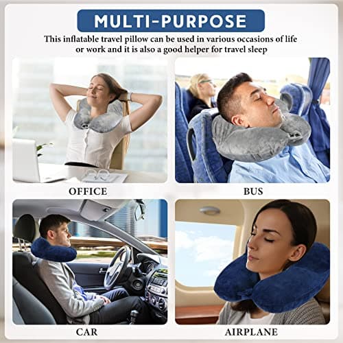 Sintuff 2 Pack Inflatable Travel Pillow for Airplanes Inflatable Neck Flight Pillows with Compact Bag and Blindfold for Traveling, Airplane, Train, Car, Office (Light Gray and Dark Blue) 7