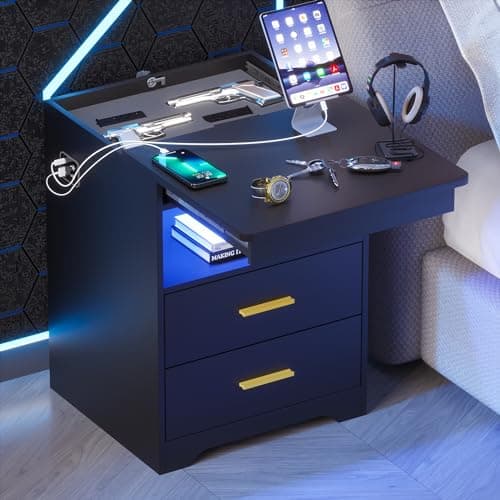 LED Night Stand with Gun Drawer for Bedroom, Charging Bedside Table with USB & Type-C Port, Modern End Table with Human Sensor Light -Black