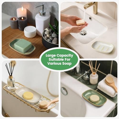 2 Pack Ceramic Soap Dish for Cleaner Shower, Decorative Soap Holder for Bar Square Shampoo or Sponge, Cute Shower Soap Dish Soap Saver Tray Container for Bathroom Kitchen Sink, Easy to Clean 7