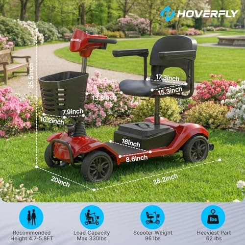 Hoverfly T4 Mobility Scooter for Seniors, Max 12.4-Mile Range & 3.7 mph, 3-Position Seat & Anti-slip Rear Wheel, Removed Battery&Quick Fold Design, Solid 9" Tire &330 lb Capacity, Ease of Assembly Red 9