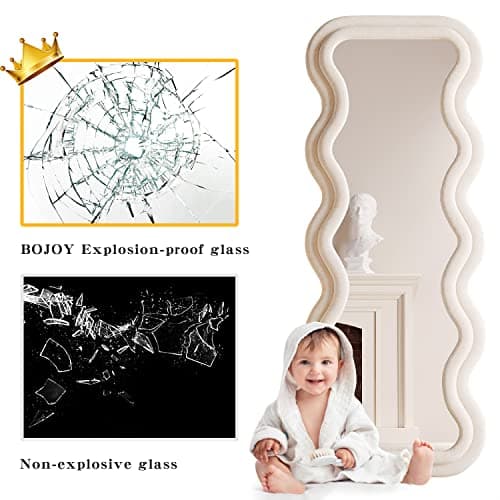 BOJOY Full Length Mirror 63"x24", Irregular Wavy for Standing Hanging or Leaning Against Wall for Bedroom, Flannel Wrapped Wooden Frame-White 6