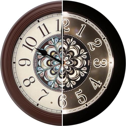 Evelyne LED Round Wall Clock - 12.5" Victorian Style Dial, Battery Operated, Night-time Sensor - Easy-to-Read Analog for Bedroom, Office & Living Room