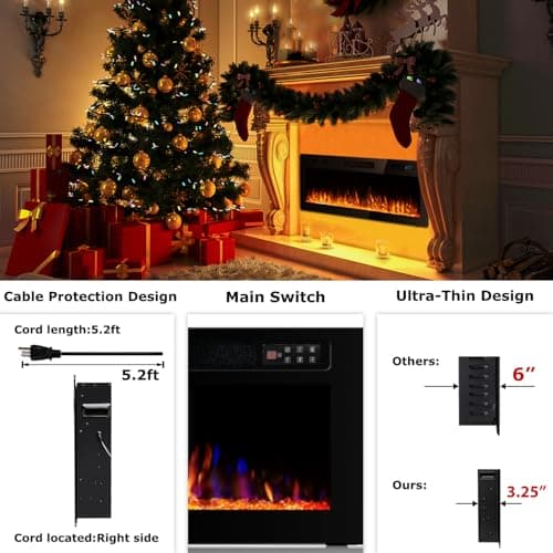 Vitesse 60 Inch Ultra Thin Electric Fireplace-Narrow Bezel Linear Fireplace Heater Recessed Wall Mounted, Remote and Screen Control, 8H Sleep Timer, Low Noise, 750/1500W for Living Room, Bedroom 6