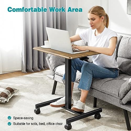 DUMOS Small Standing Desk Mobile Portable Rolling Laptop PC Table on Wheels Adjustable Height Computer Workstation for Home Office, 19 Inch, Modern Brown 5
