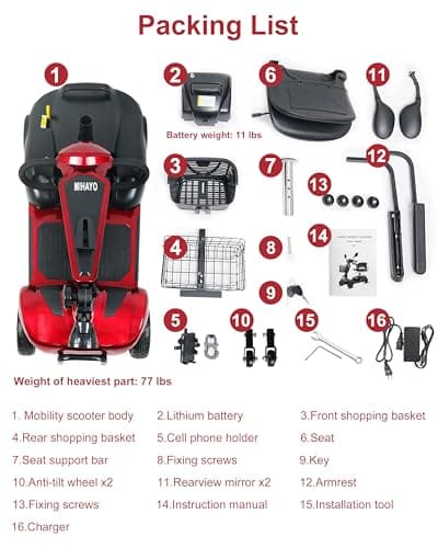 30 Mile Range Travel Foldable Mobility Scooters for Adults,4 Wheel Electric Motorized Scooter for Seniors Oversize XL 4-Piece Set with USB and Cell Phone Holder,Red Mirage S1 8