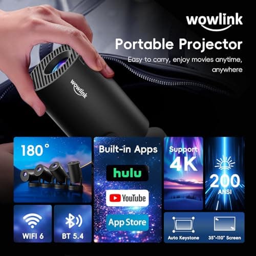 [Built-in Apps & 2026 Upgraded] Mini Projector with WiFi 6 and Bluetooth 5.4 Support 4K 1080P Auto Keystone 180° Rotatable Projector Portable Compatibile with HDMI/TV Stick/Memory Stick/Laptop 2