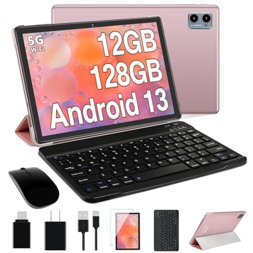 Oangcc Android 13 Tablet 10 Inch Tablets with 12GB RAM +128GB ROM +1TB Expanded Octa-Core, 2 in 1 Tablet with Keyboard Mouse 5G Wi-Fi Blue/Tooth GMS Certified GPS - Rose Gold/Pink