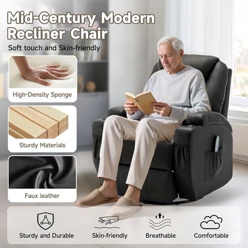 Korser Recliner Chair, Rocking Chair with Massage and Heat, 360° Swivel Recliner Chairs for Adults, Rocker Manual Recliner with Remote Control and Cup Holder for Living Room, Bedroom, Nursery 8