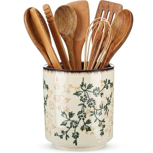 Teecyhooo Kitchen Ceramic Utensil Holder Rustic 5.5" Green Floral Utensil Crock for Countertop Tuscany Cooking Tools Storage Caddy for Spatula Spoon Farmhouse Decor Housewarming Gift