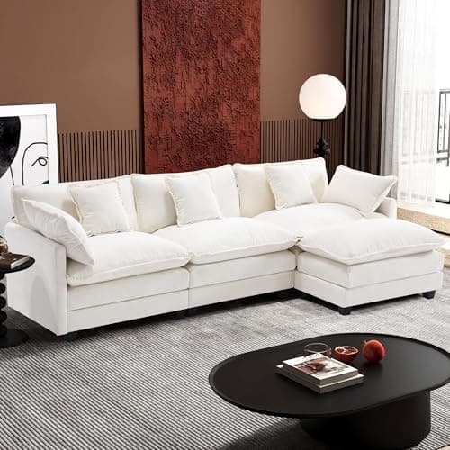 Ihanherry 111.4" L Shaped Modern Sofa Modular Sectional Cloud Couch with Ottoman, 4-Seat Chenille Deep Seat Sofa with Pillow for Living Room, Bedroom and Apartment, Beige