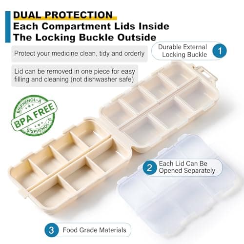 14 Grids Travel Pill Organizer Box with 415-Pcs Medicine Name Labels - Pocket Daily Pharmacy Case Container Kit - Travel Medication Holder Dispenser for Fish Oil Vitamin Supplement Storage - Khaki 7