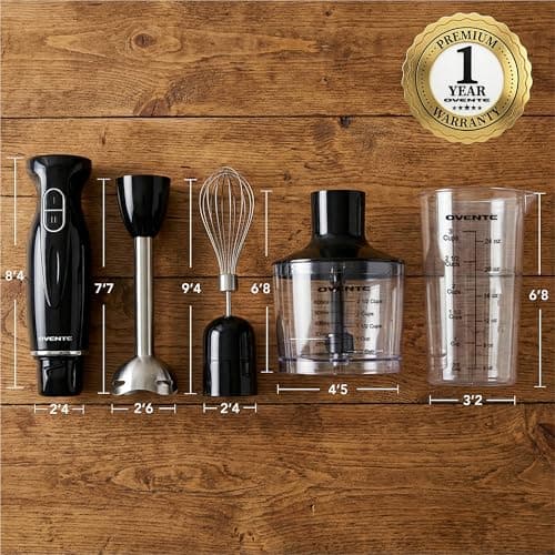 OVENTE Immersion Hand Blender Set, 300W Corded Electric Handheld Stick Mixer, 2 Mixing Speeds with Stainless Steel Blades, Egg Whisk, Beaker & BPA-Free Food Chopper, Black HS565B 9