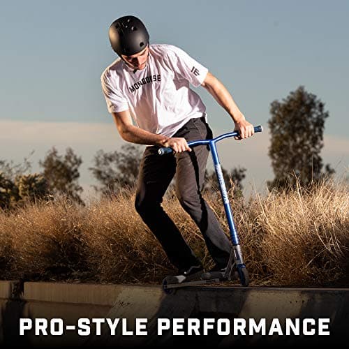 Mongoose Rise 110 Team Freestyle Stunt Trick Scooter, Lightweight Alloy Deck & Heavy-Duty Frame Up to 220 lbs., Bike-Style Grip, High Impact 110mm Wheels, Silver/Blue 6