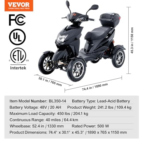 VEVOR Heavy Duty 4-Wheel Mobility Scooters for Seniors & Adults 450lbs Capacity - 40 Miles 3-Speed Long Range, 500W All Terrain Electric Recreational Scooter Wheelchair with 20° Max Climbing Capacity 7