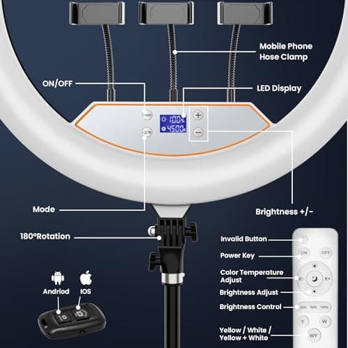 22in Large Ring Light with Stand,512pcs Bulbs Big Ring Light with 75" Tripod for iPhone/LED Display/4 Clips/2 USB Ports,2600K-6500K Dimmable Barber Light,for TikTok Video Recording Tattoo Lash Makeup 7