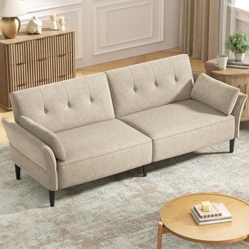 COPIAE 89” Futon Sofa Bed, Comfy Futon Couch Bed with 2 Square Pillows, Convertible Sleeper Sofa with Adjustable Backrest& Armrests, Modern Loveseat Sleeper for Living Room,Velvet Fabric Beige